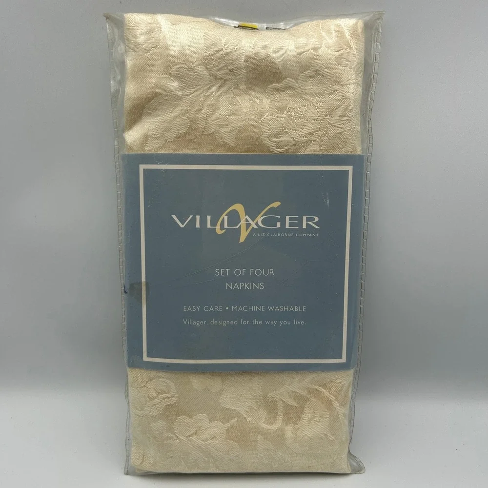 Vintage Y2K Cloth Napkins Ivory Floral Damask Villager Liz Claiborne (4) Cream